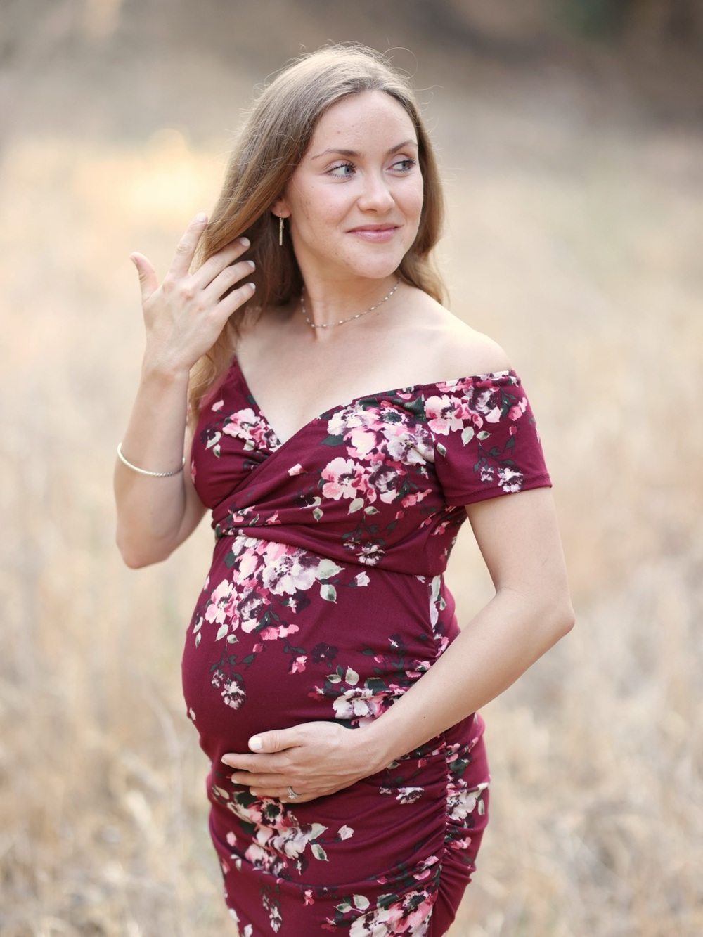 Maternity Off-Shoulder Floral Maxi Dress in Burgundy - Picture 4 of 5